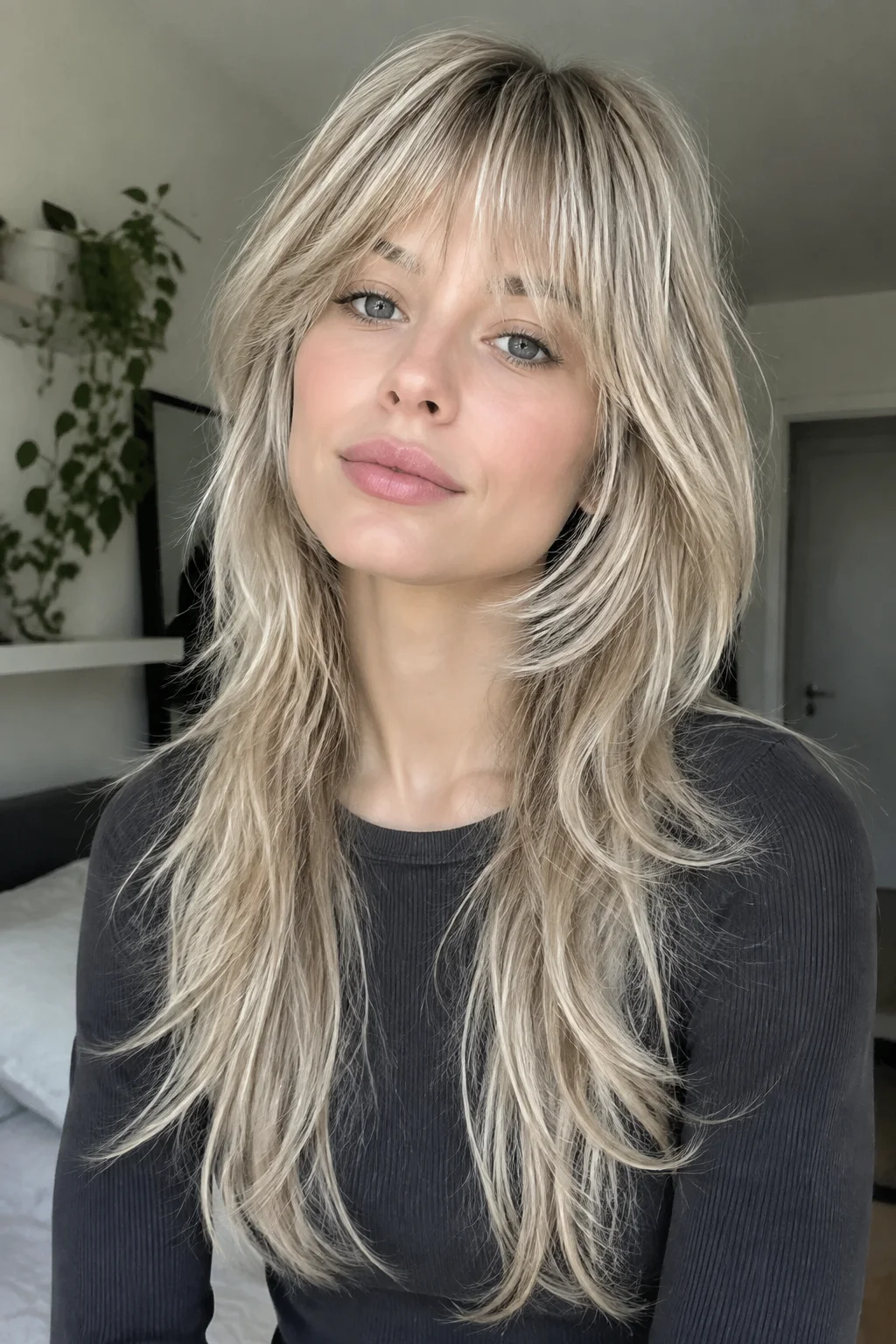 Piecey French Bangs Long Wolf Cut hairstyle