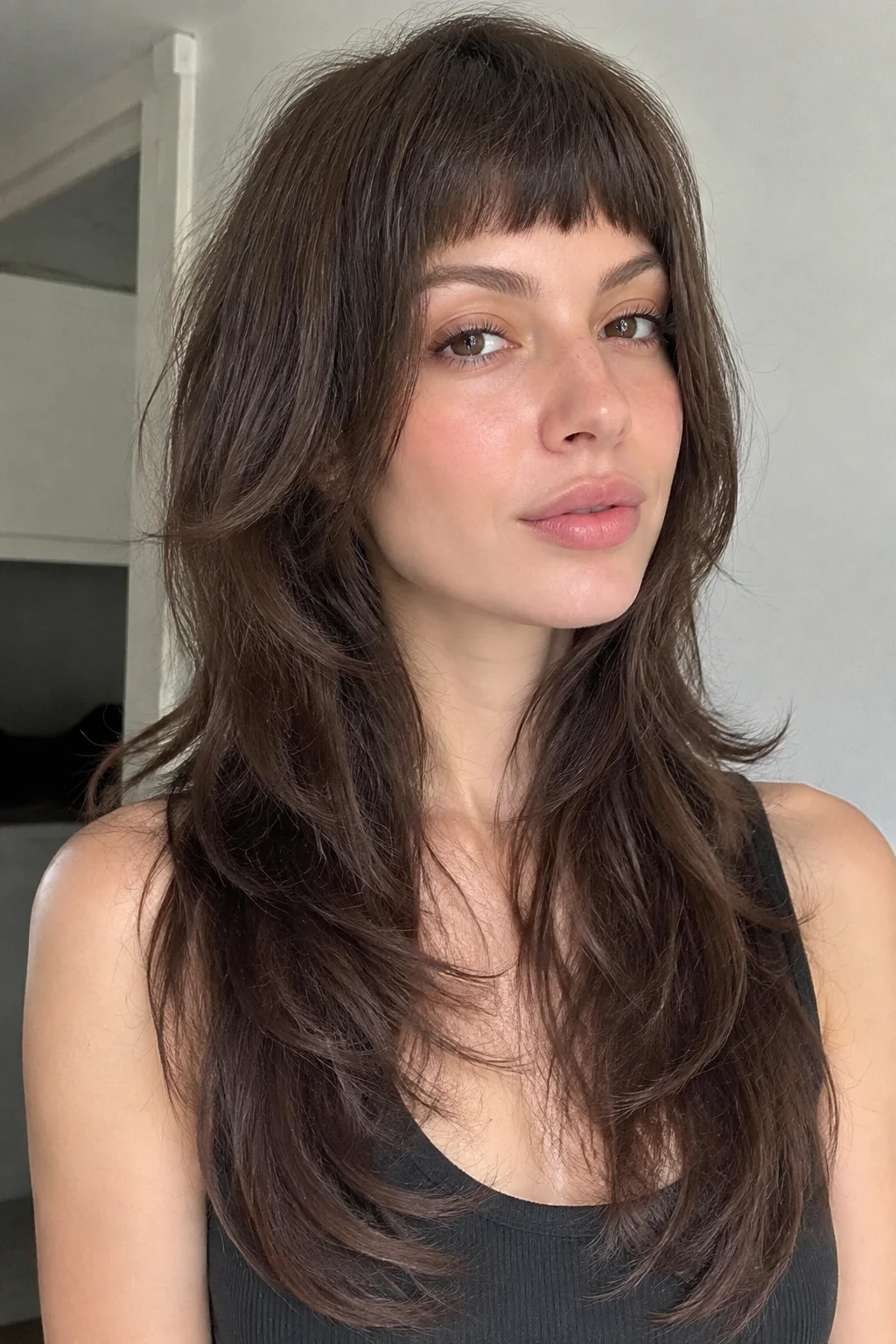 Micro Bangs Textured Long Wolf Cut hairstyle