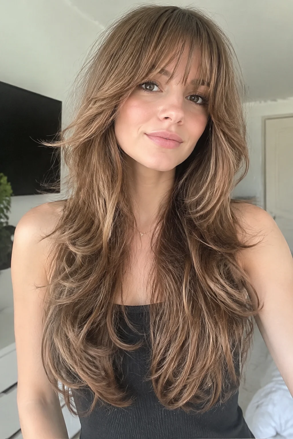 Butterfly-Blended Long Wolf Cut with Lash-Grazing Fringe hairstyle