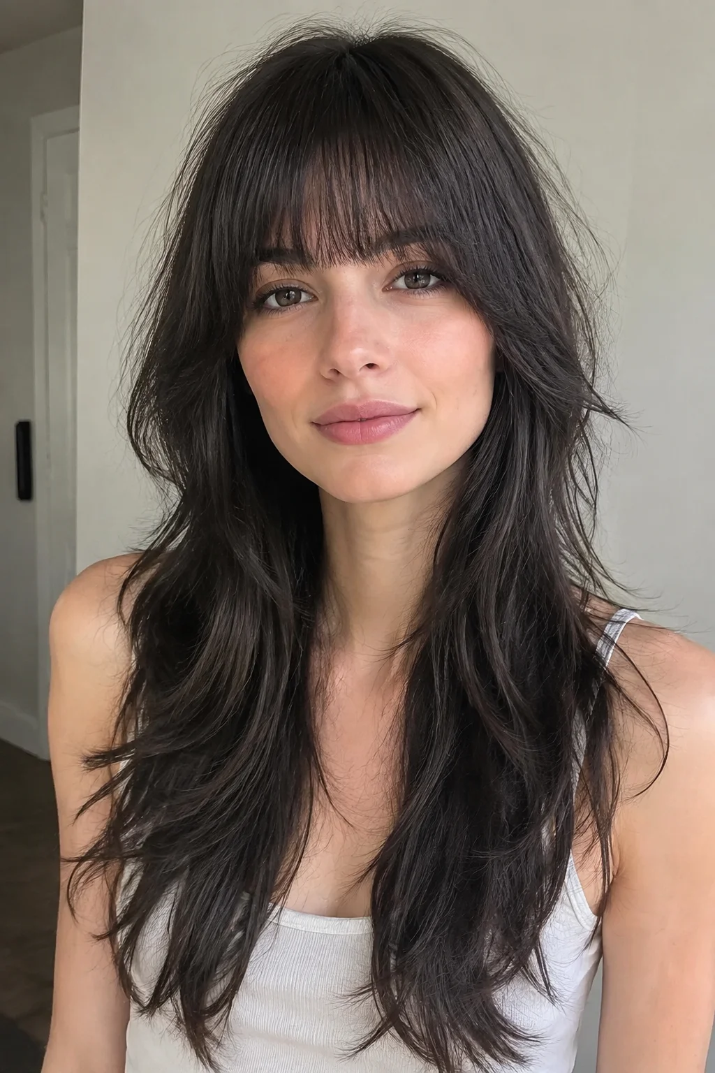 Blunt Bangs with Tapered Perimeter Long Wolf Cut hairstyle