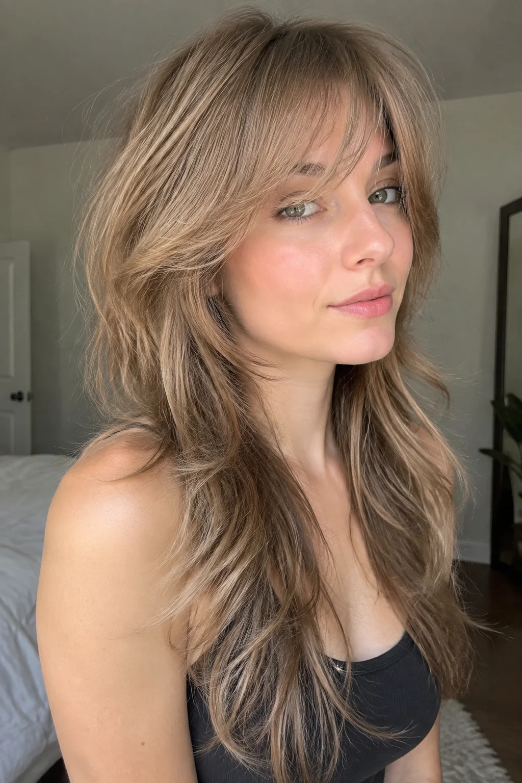 Sliced Crown Volume Long Wolf Cut with Side-Swept Bangs hairstyle