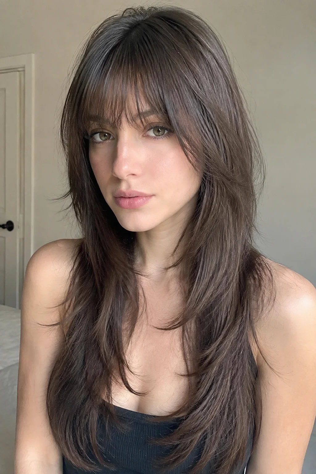 Sleek Straight Long Wolf Cut with Brow-Skimming Fringe hairstyle