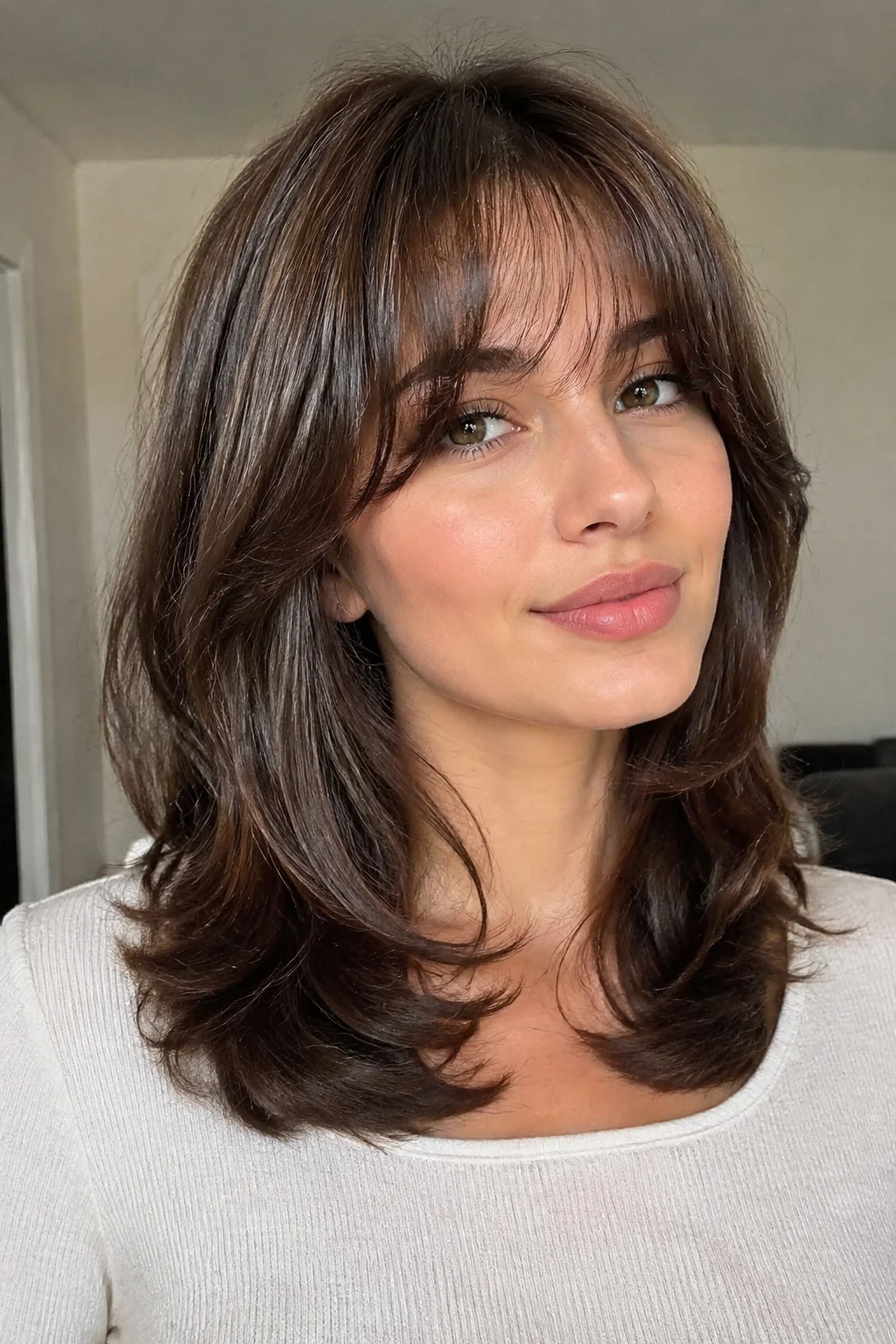 Heavy Arched Bangs With Sleek Tapered Layers hairstyle