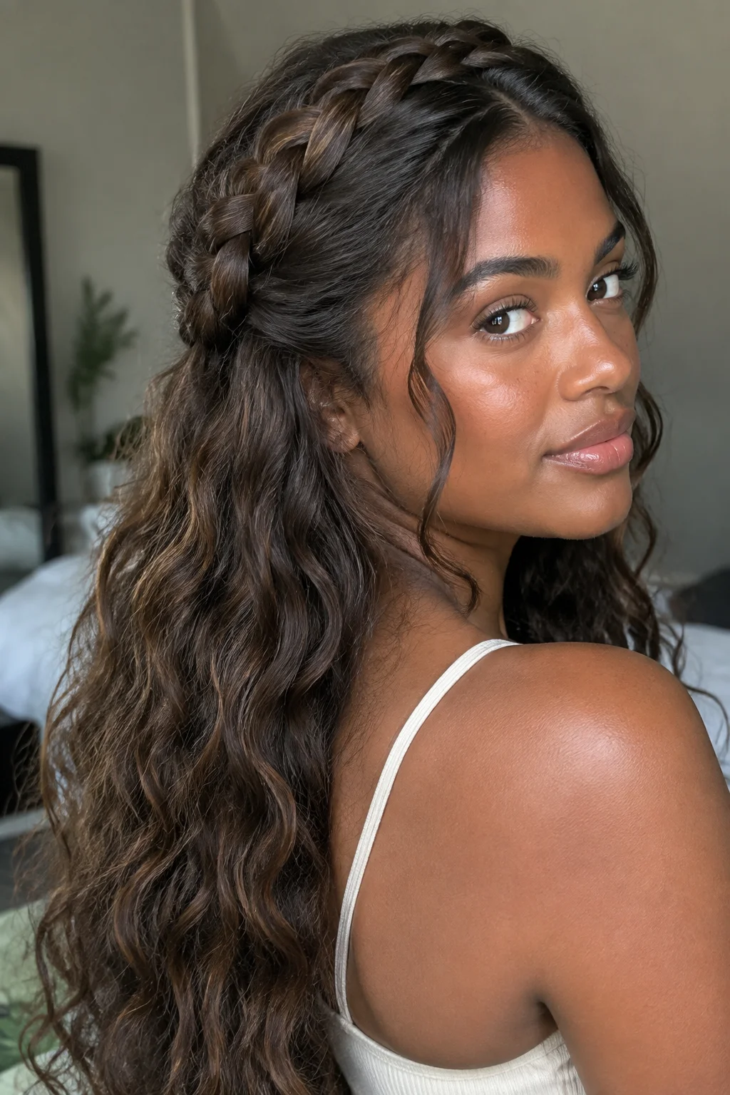 Loose Dutch Crown Braid on Natural Waves hairstyle