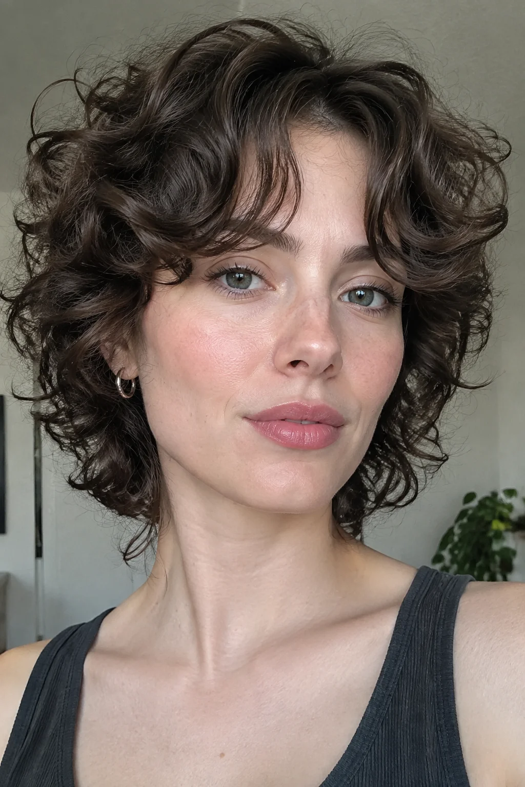 Jawline Grazing Curly Wolf with Curtain Fringe hairstyle