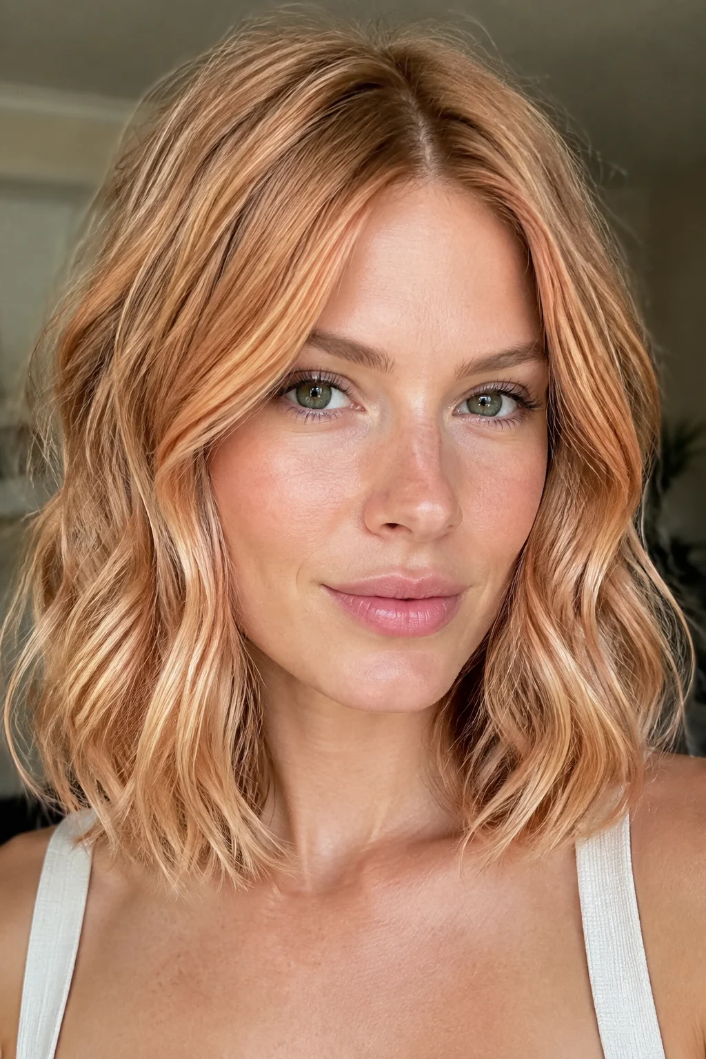 Sun-Drenched Apricot Strawberry Blonde hair color