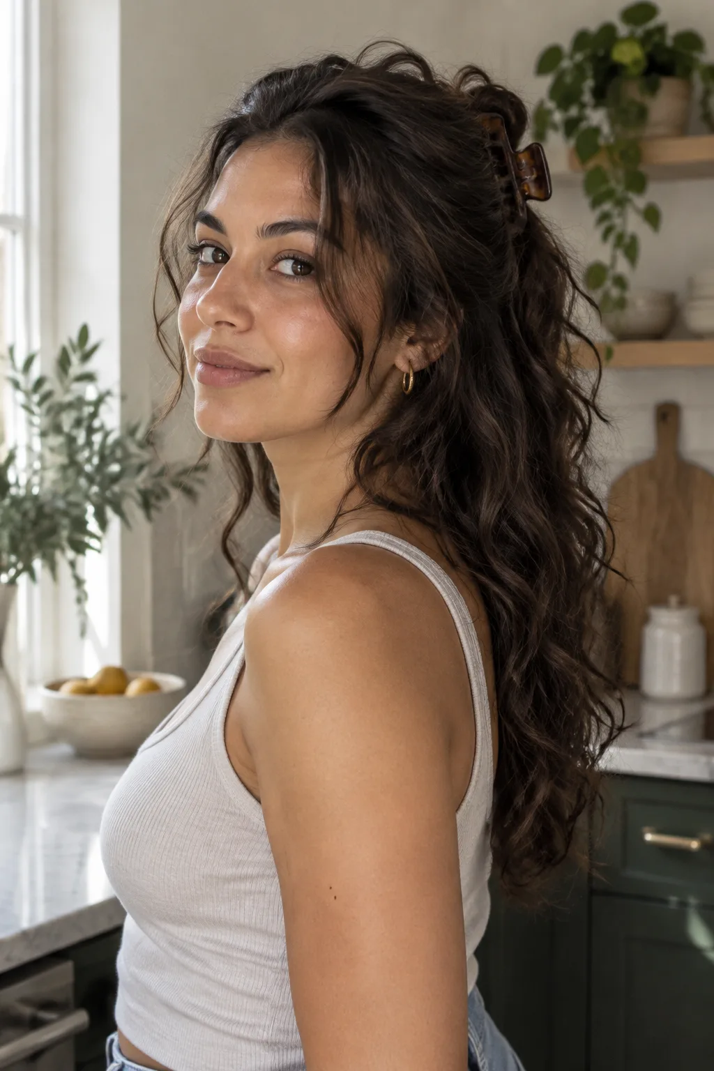 Air-Dried Wavy Claw Clip Style hairstyle