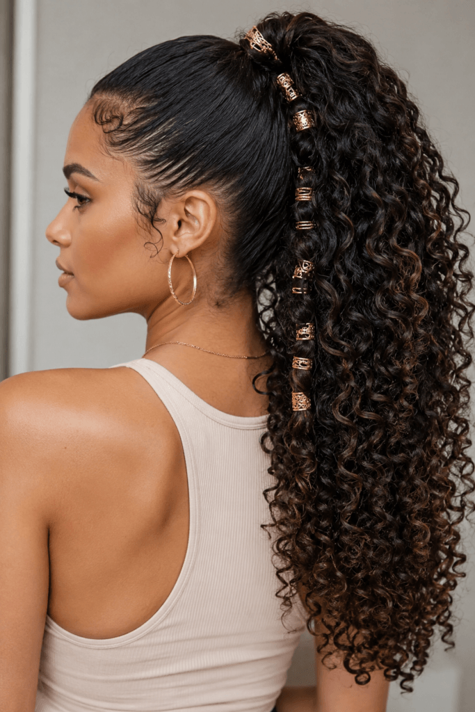 Curly ponytail with gold cuffs