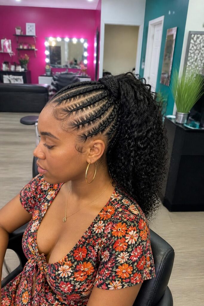 Cornrow ponytail with curly ends
