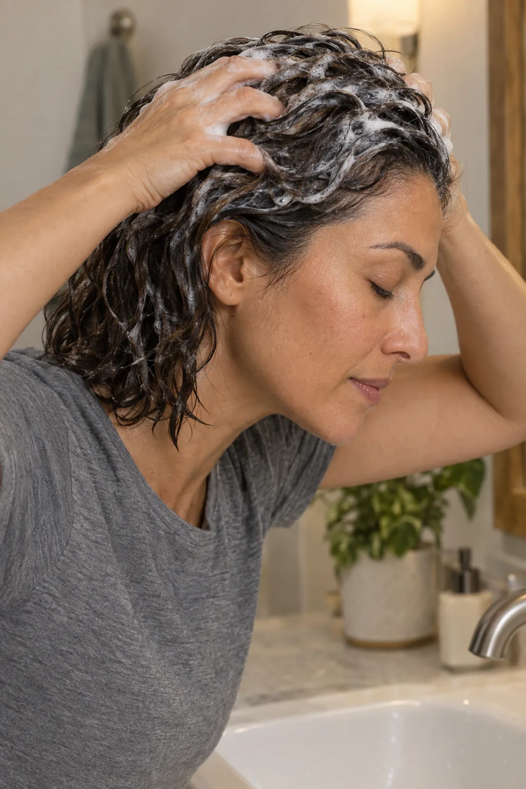 Massage and gently exfoliate your scalp