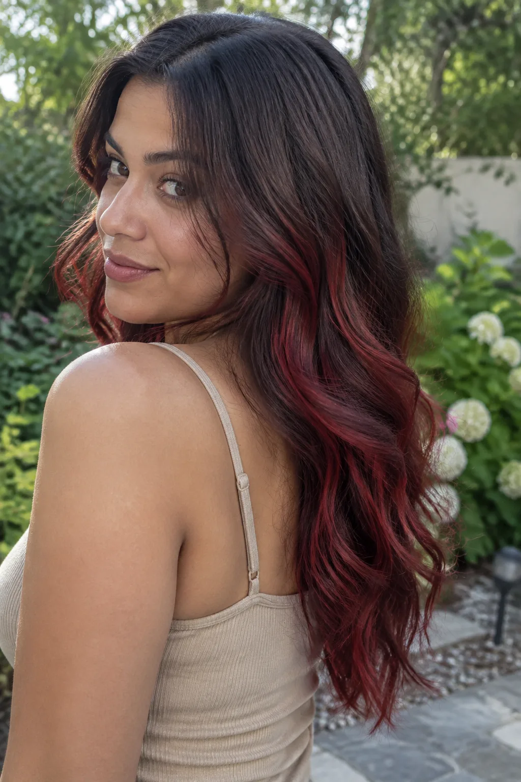 Cherry Red Balayage on Brown Hair