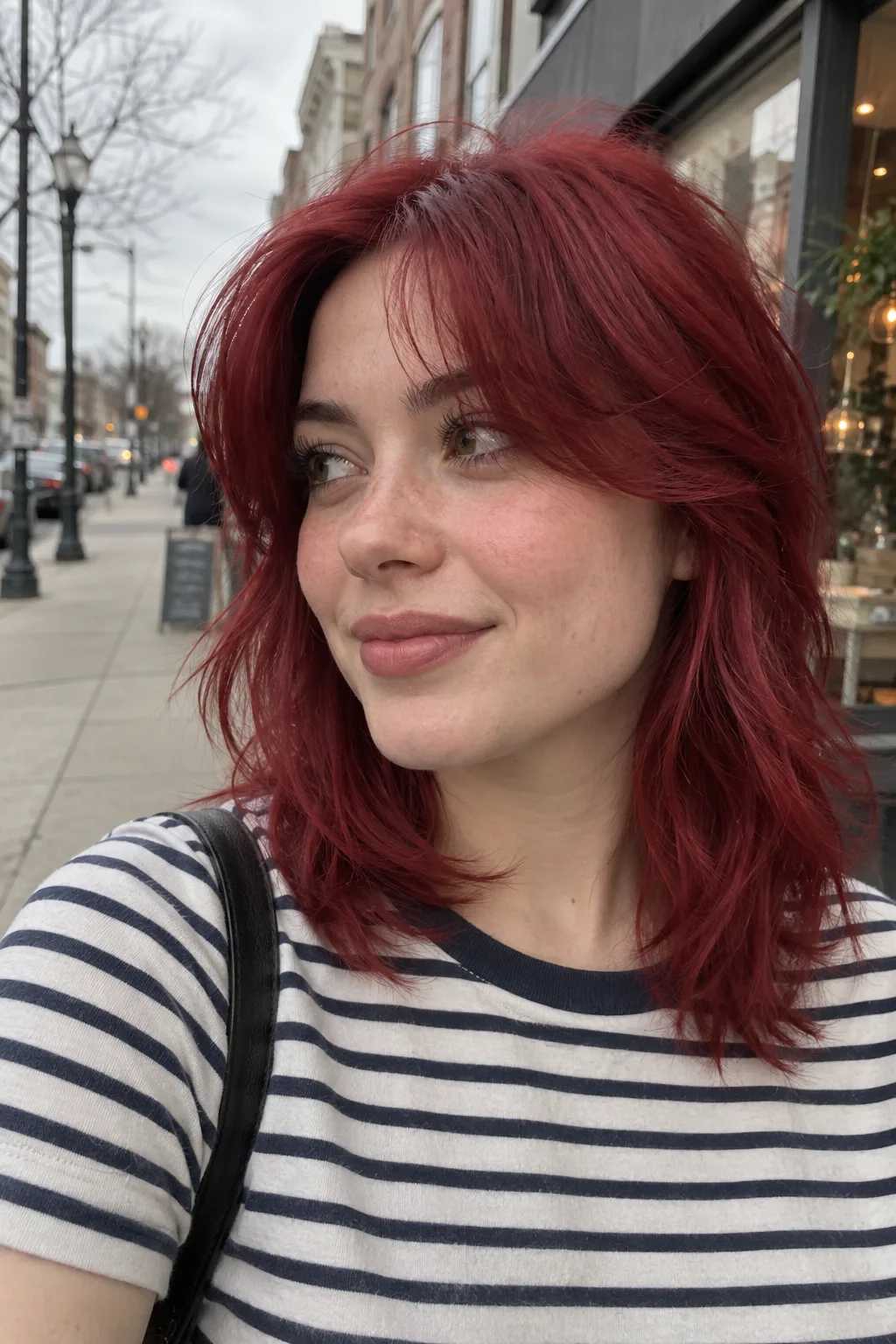 Cherry Red with Curtain Bangs hair color