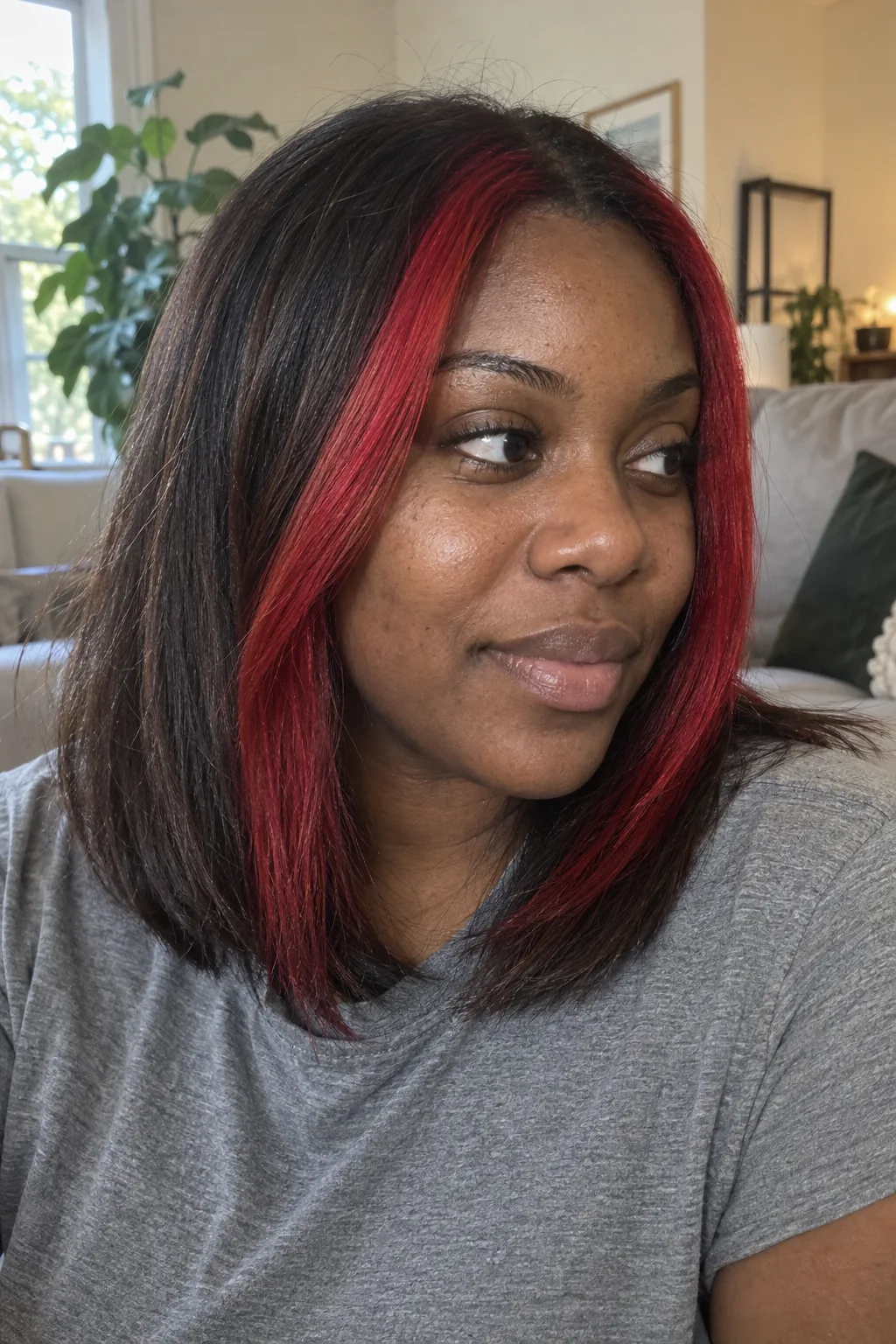 Cherry Red Money Pieces hair color