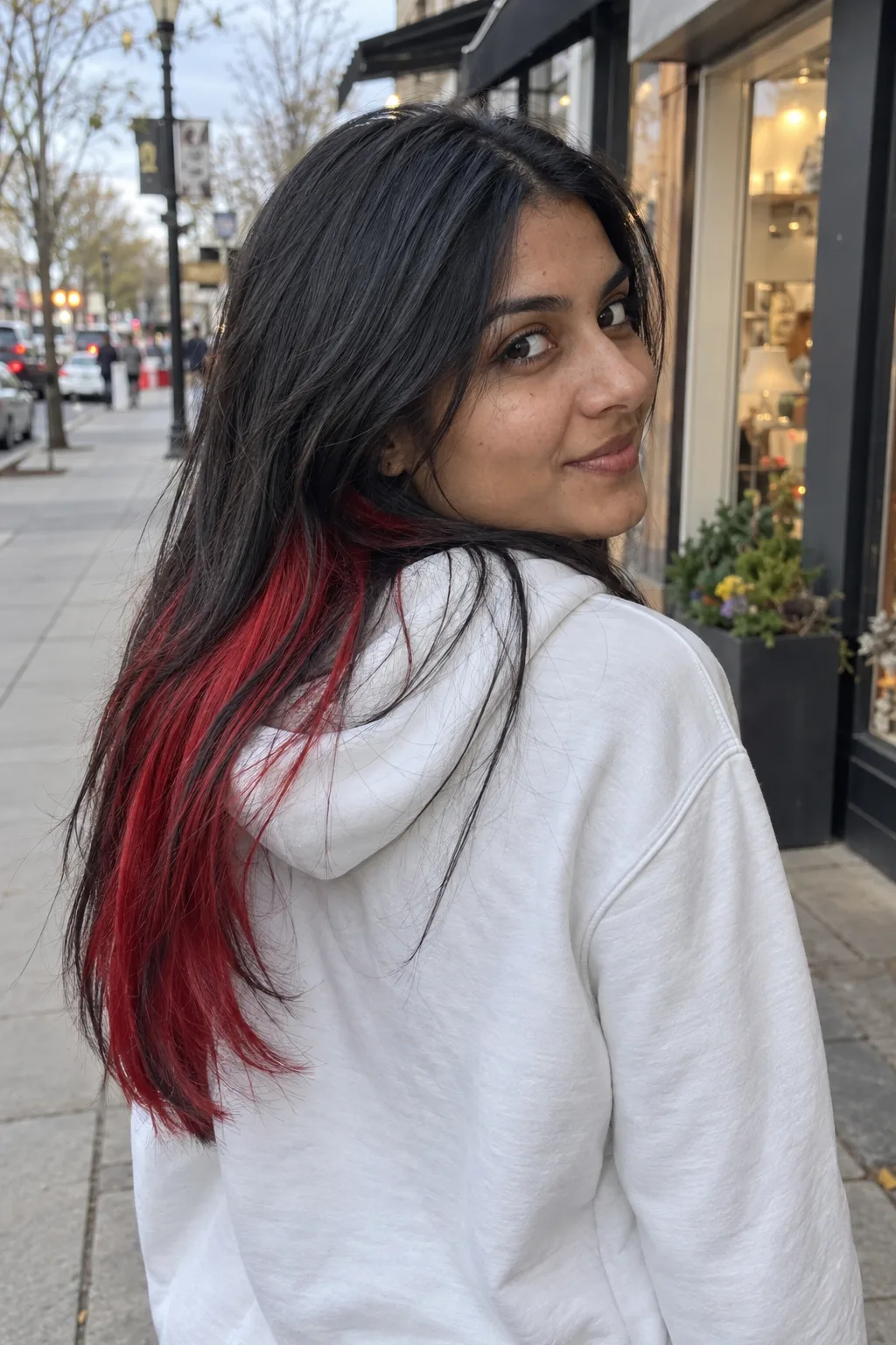 Cherry Red Peekaboo Highlights on Black Hair
