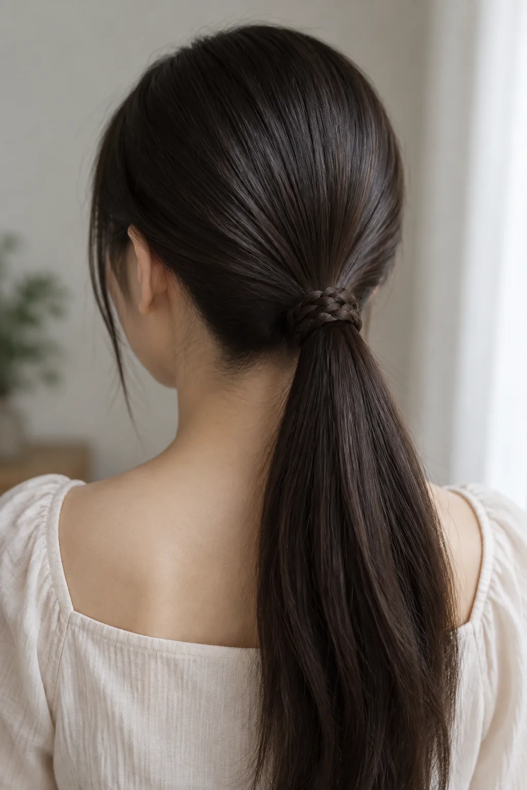 Low Ponytail With a Wrapped Braid hairstyle