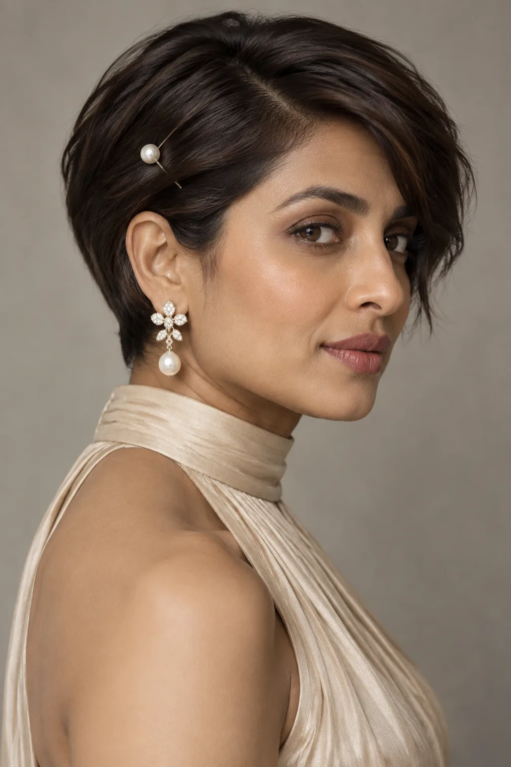 Side-Swept Pixie with a Pearl Pin hairstyle