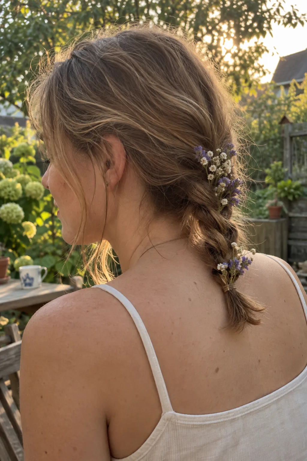 Low Braided Ponytail With Dried Flowers hairstyle