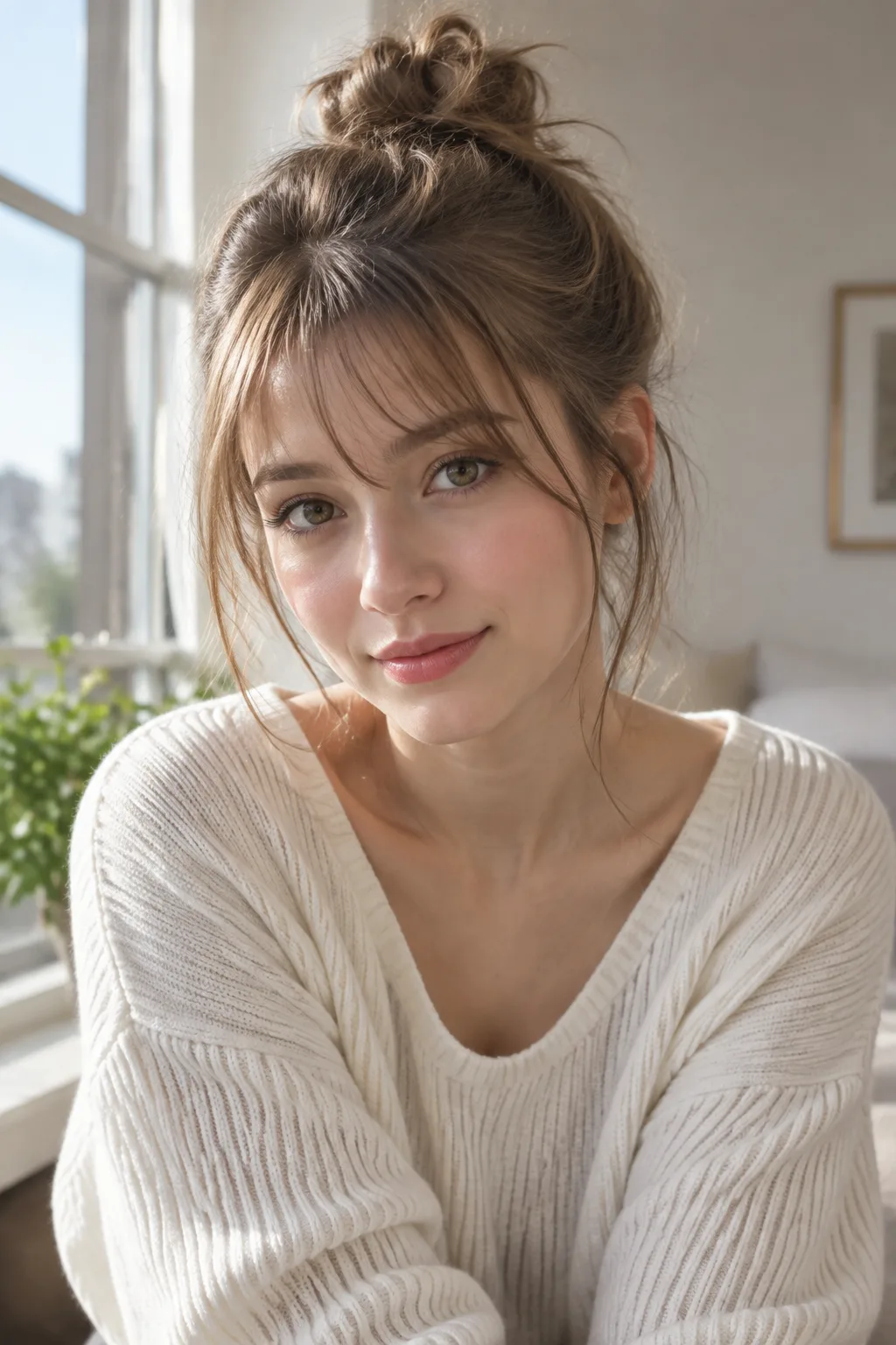 Messy Top Knot With Wispy Bangs hairstyle