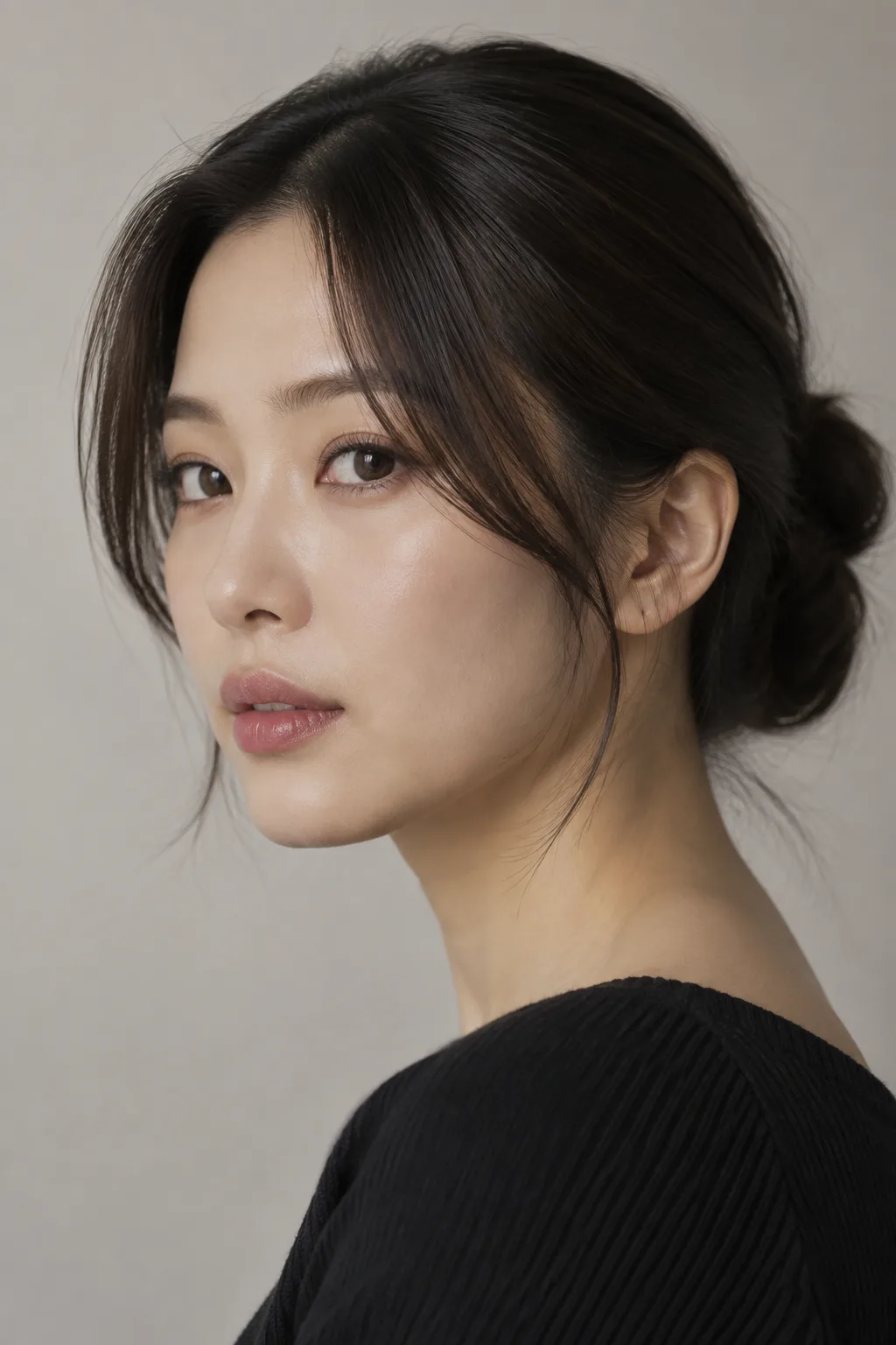 Sleek Low Bun With Curtain Bangs hairstyle