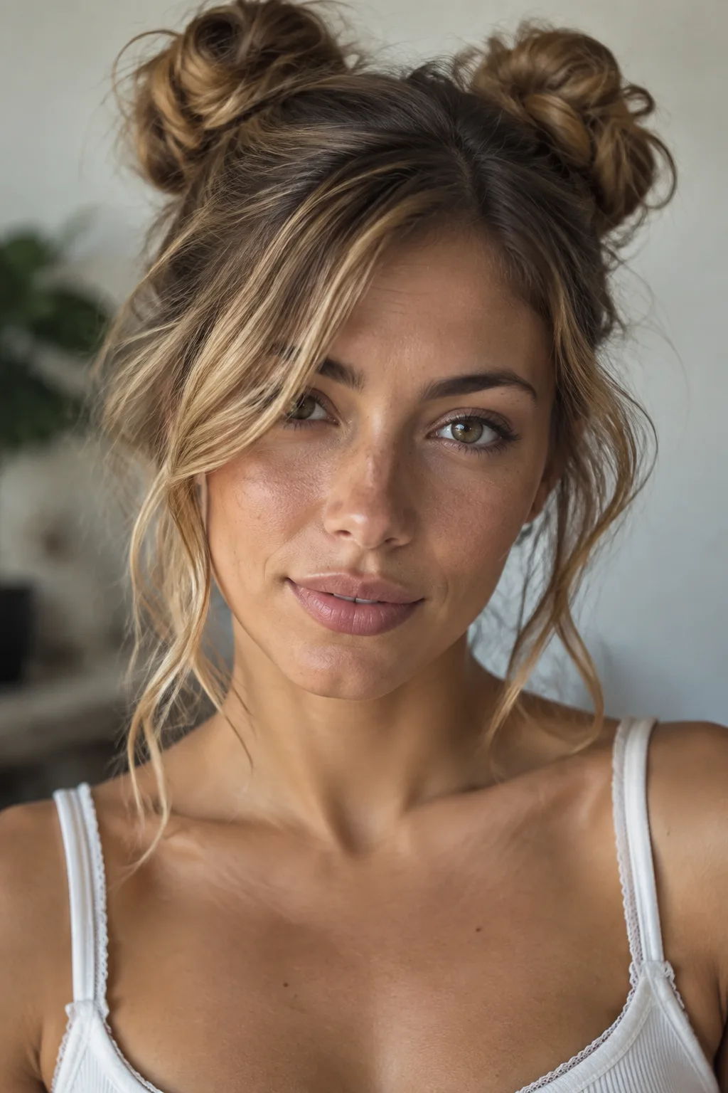 Space Buns With Side-Swept Bangs hairstyle
