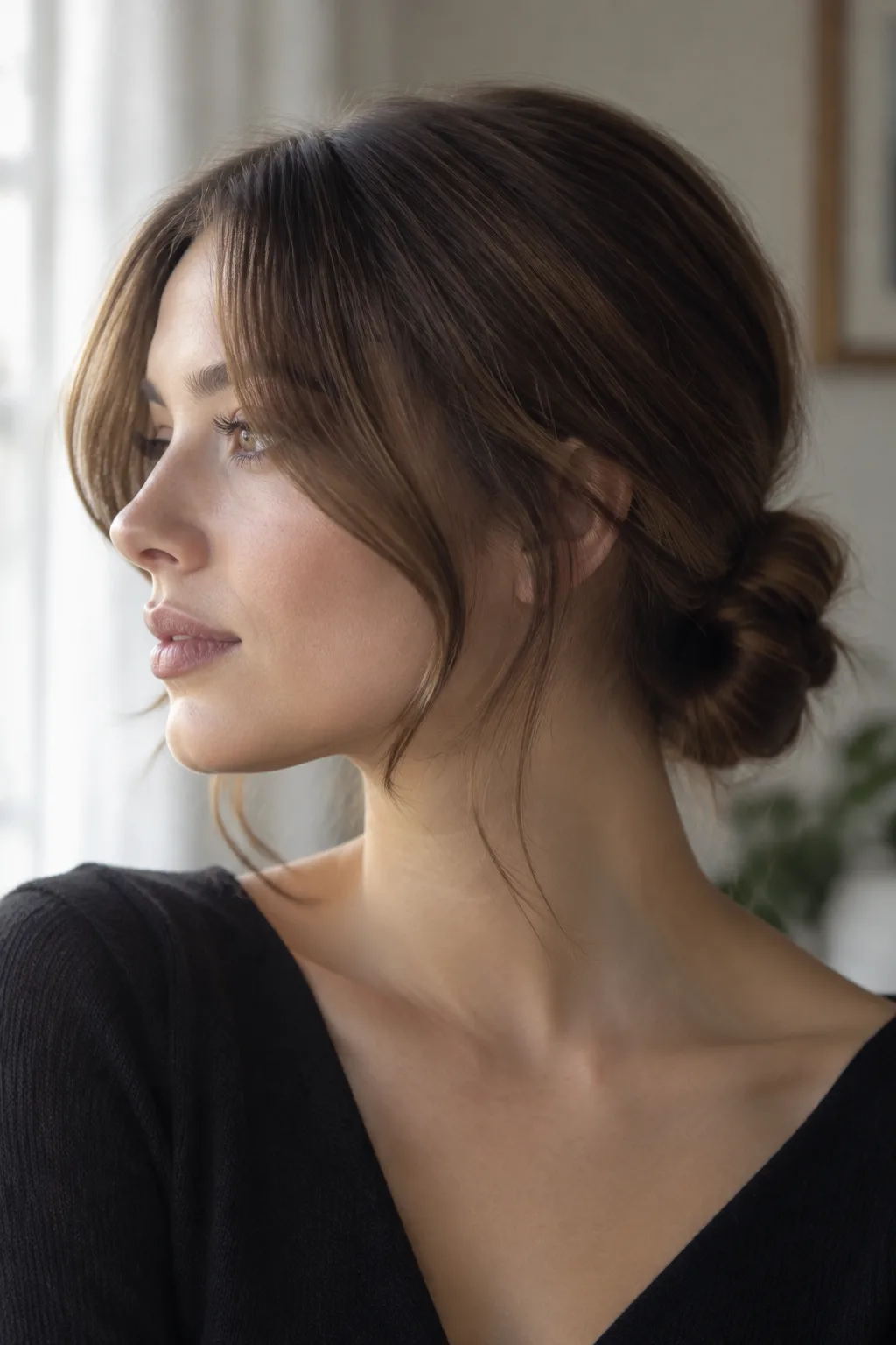 Twisted Low Bun With Bottleneck Bangs hairstyle