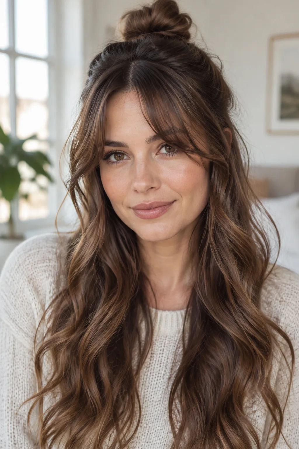 Half-Up Bun With Face-Framing Bangs hairstyle