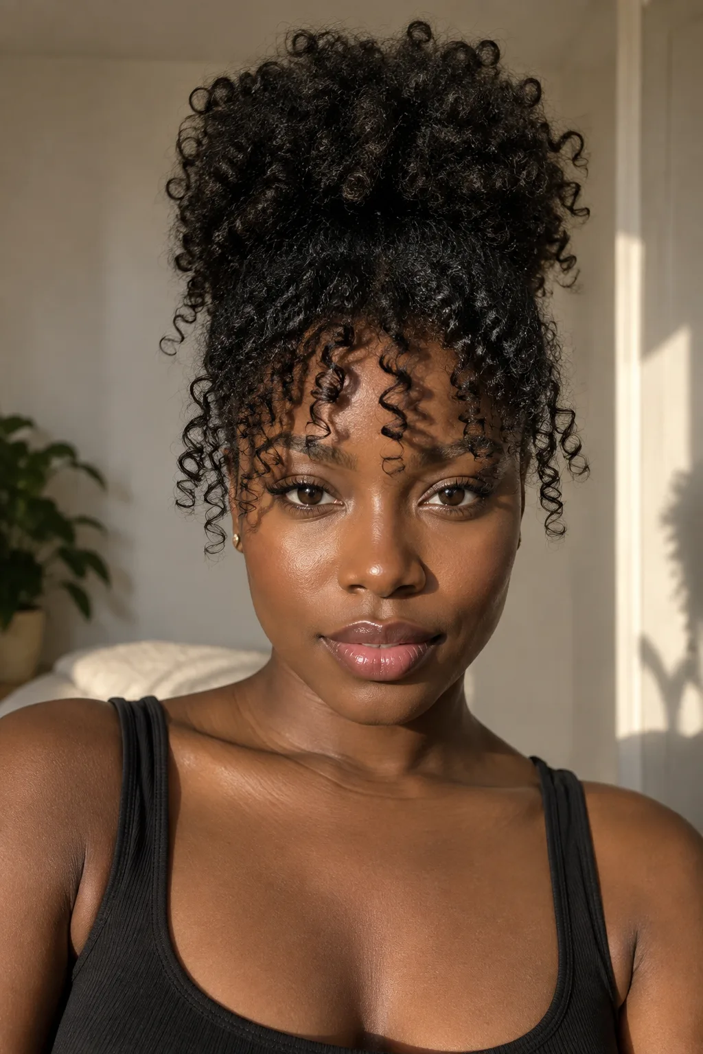 Curly Puff Bun With Curly Bangs hairstyle