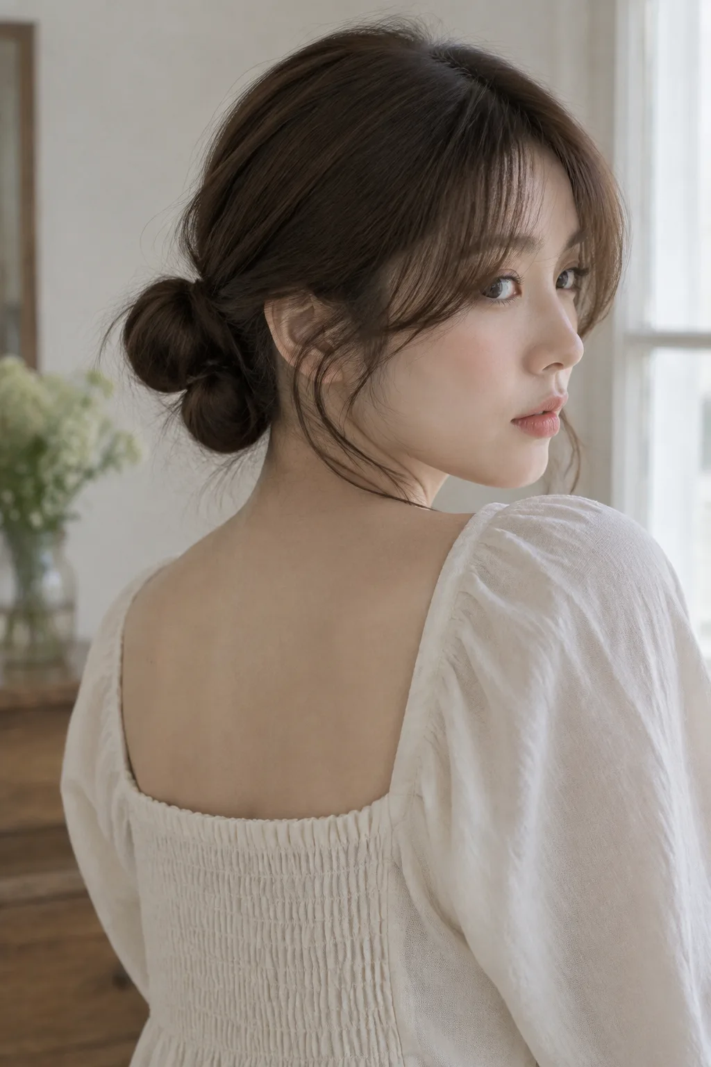 Double Low Buns With Curtain Bangs hairstyle