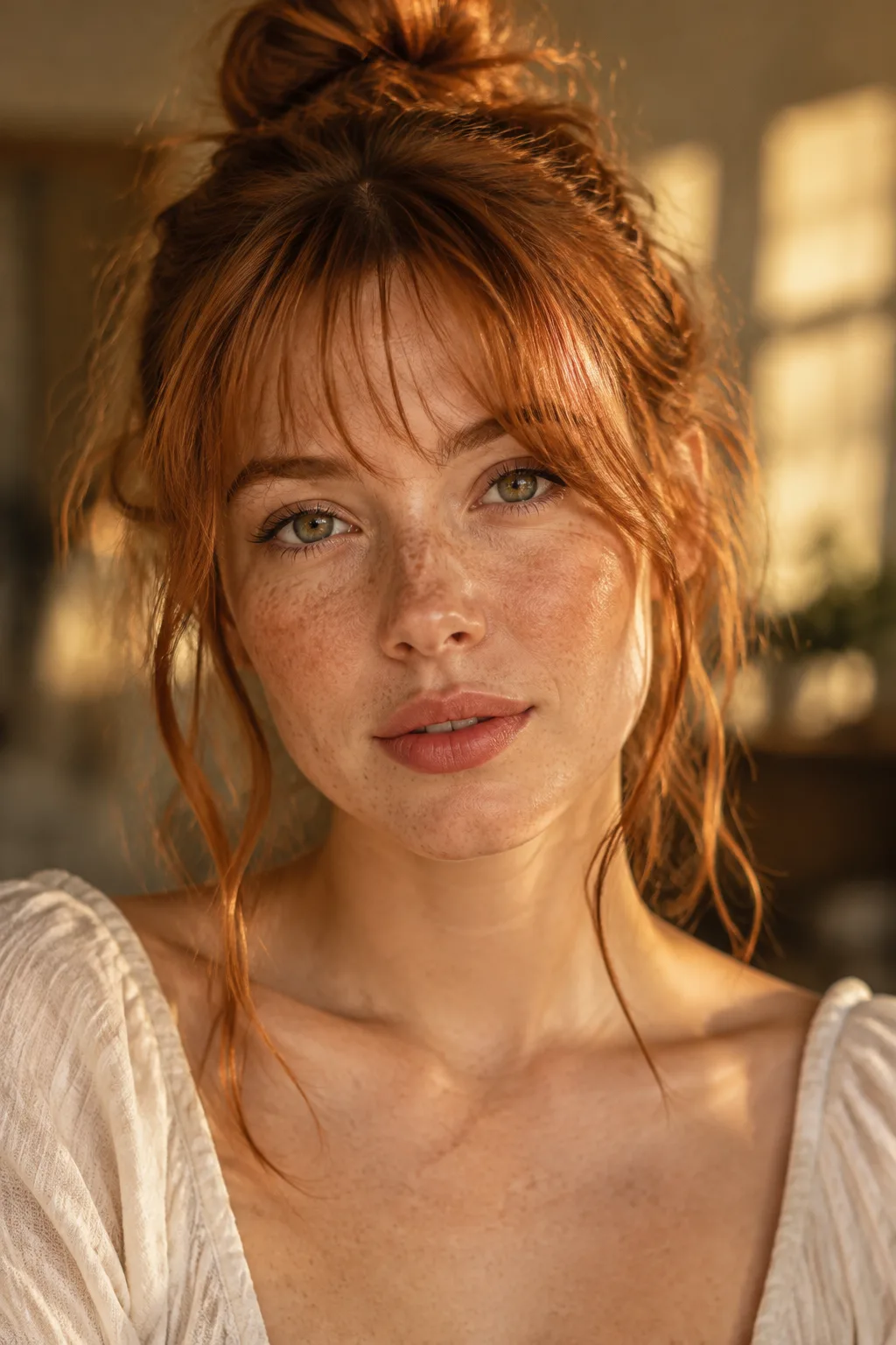 Loose Textured Bun With Tendrils and Bangs hairstyle
