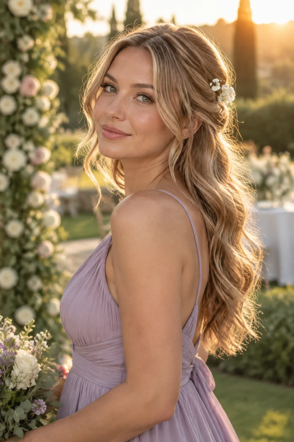 Romantic Loose Waves with Flower Pins hairstyle