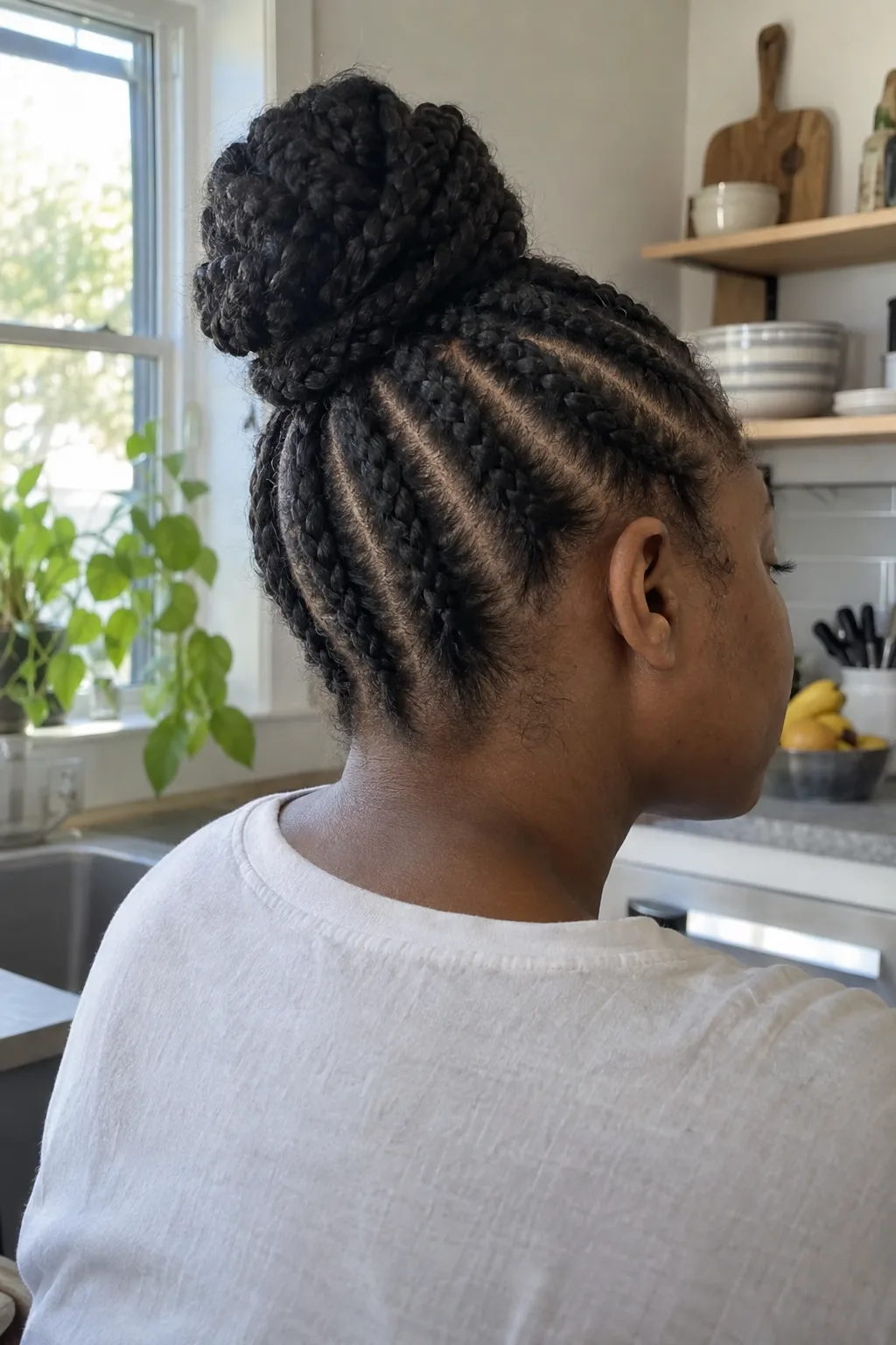 Straight-Back Cornrows With a High Bun hairstyle