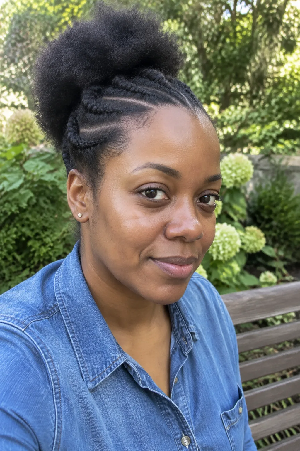 Half Cornrows With a Puff Bun hairstyle