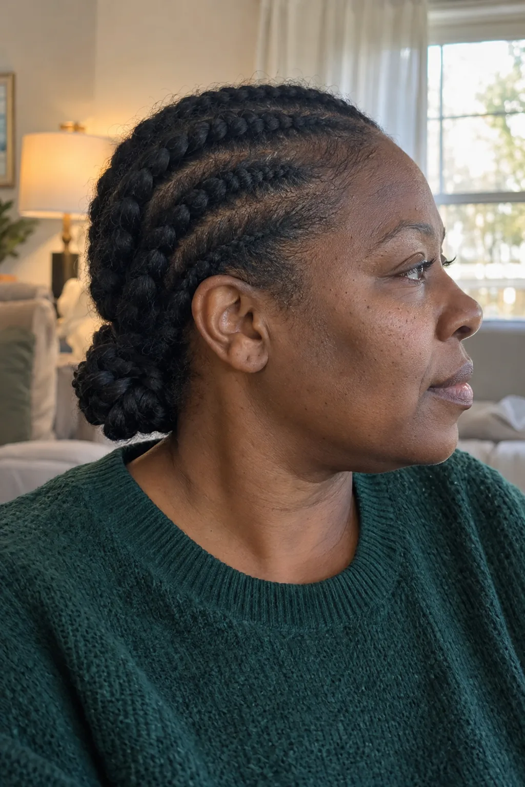 Jumbo Cornrows With a Low Chignon hairstyle