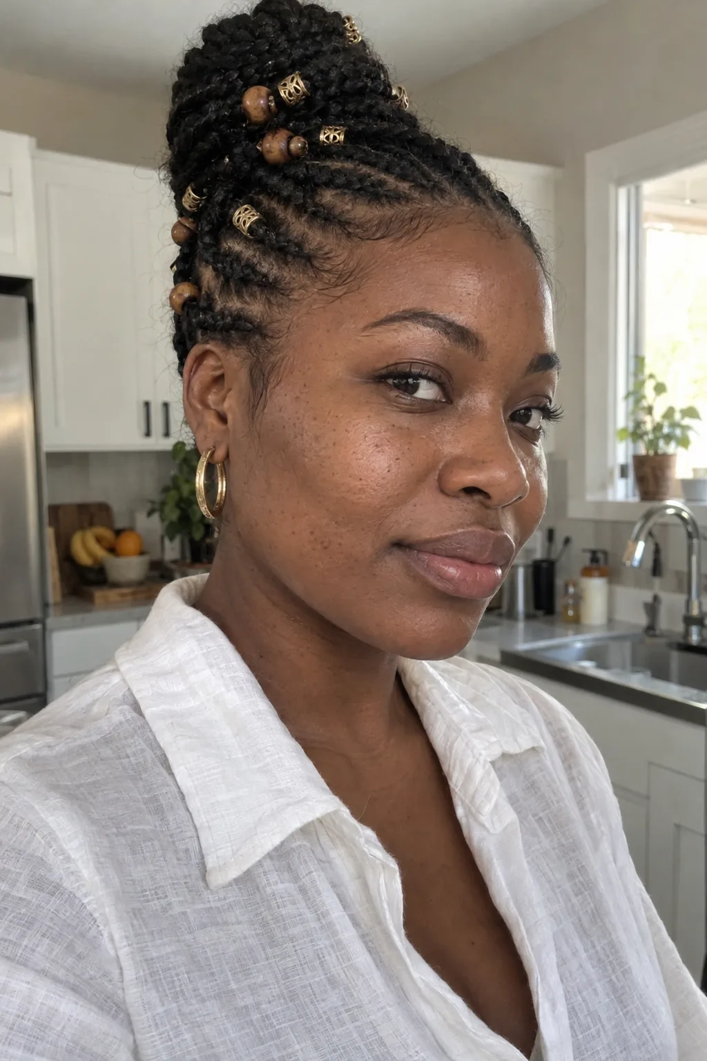 Beaded Cornrows With a High Bun hairstyle