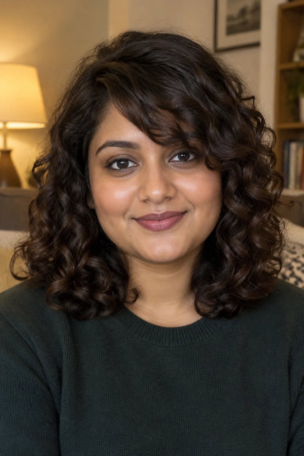 Curly Lob with Side-Swept Curly Bangs hairstyle