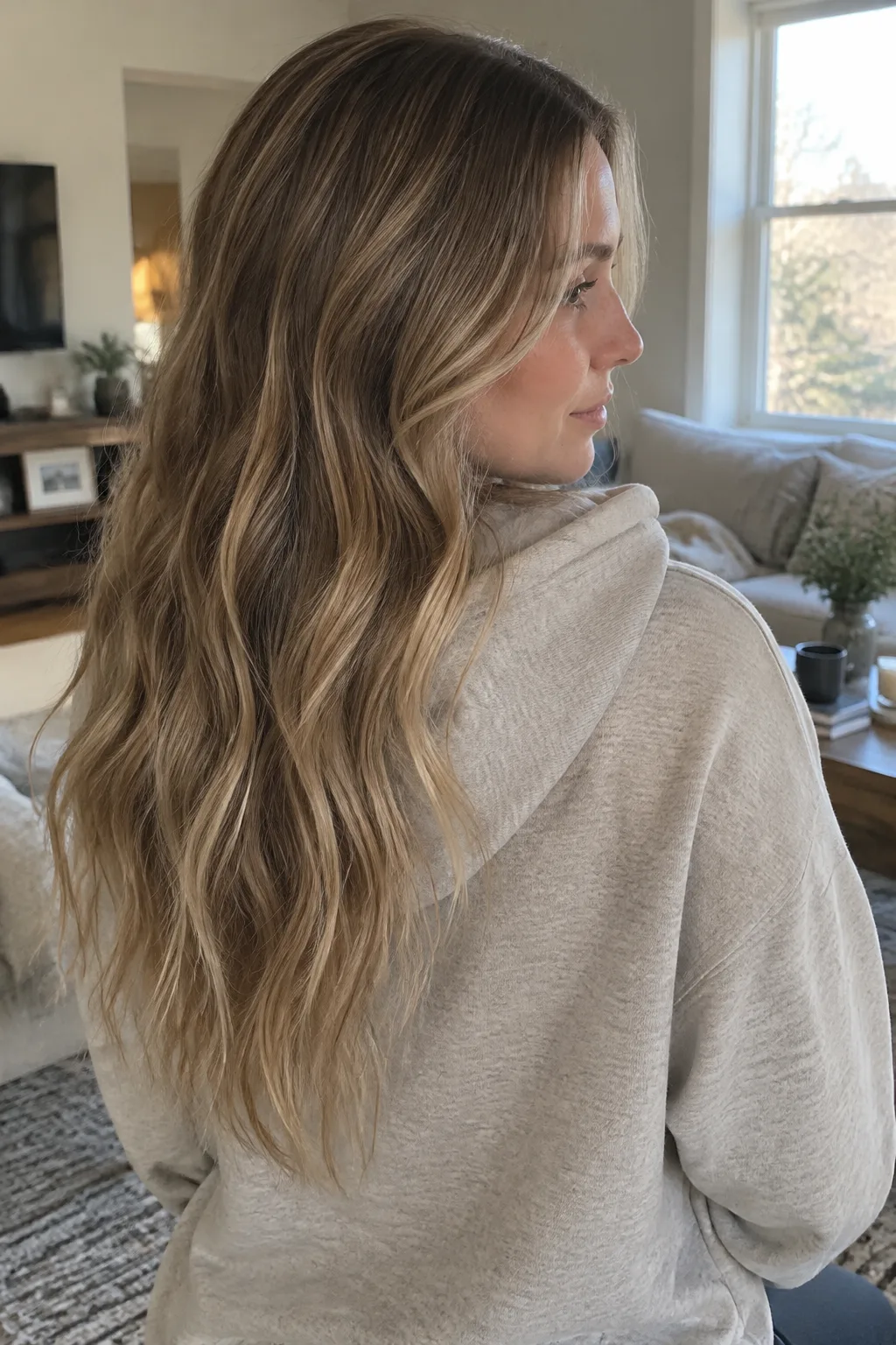 Beige Blonde Balayage on Long Waves hair color
