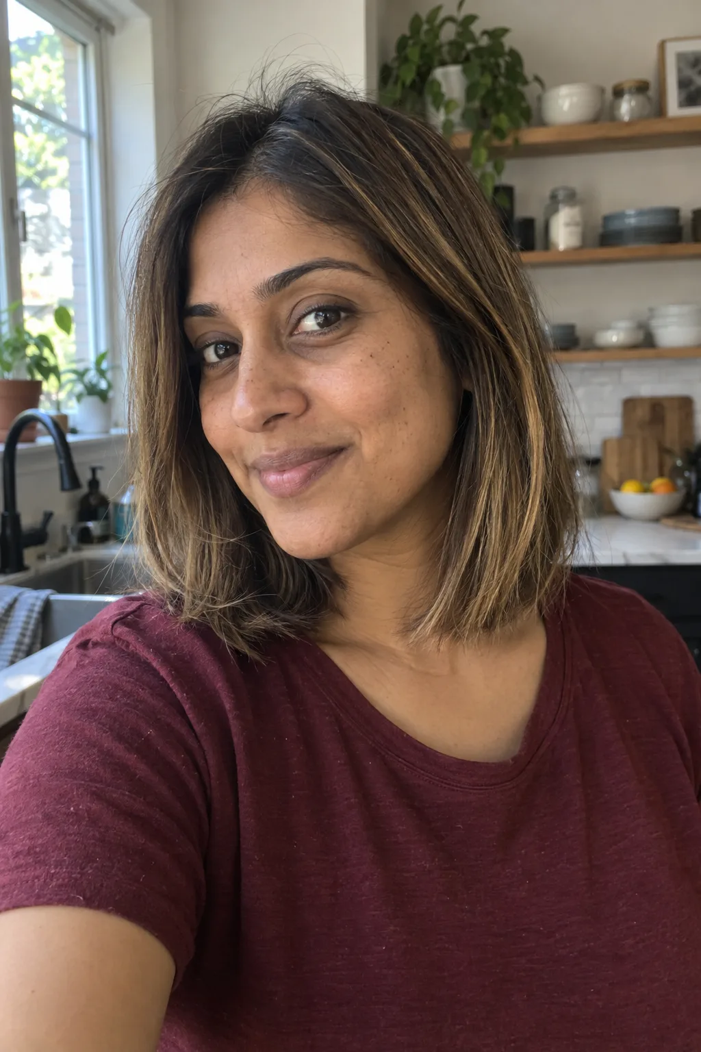 Butterscotch Highlights on a Brown Lob hair color