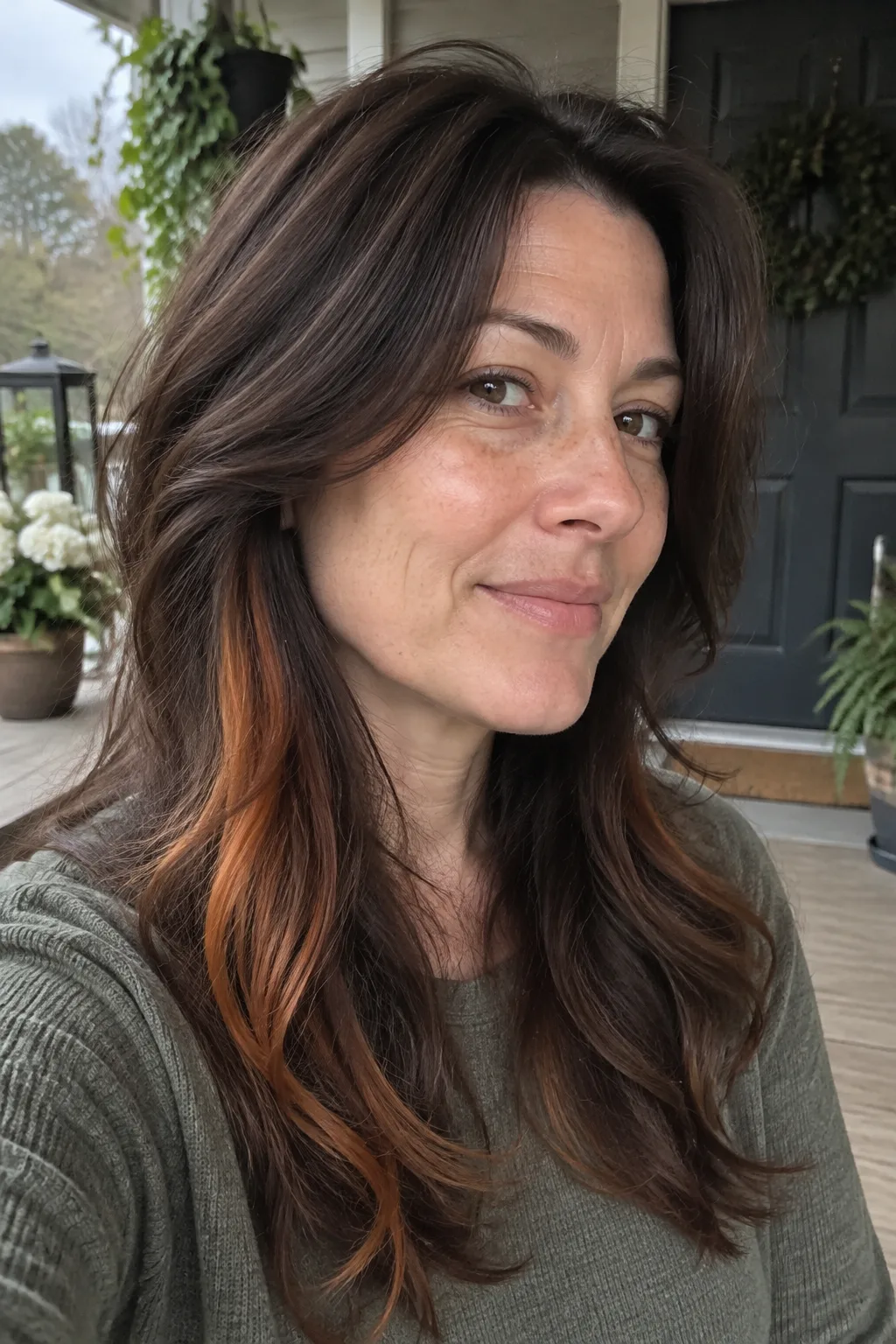 Copper Peekaboo on Dark Brown Layers hair color