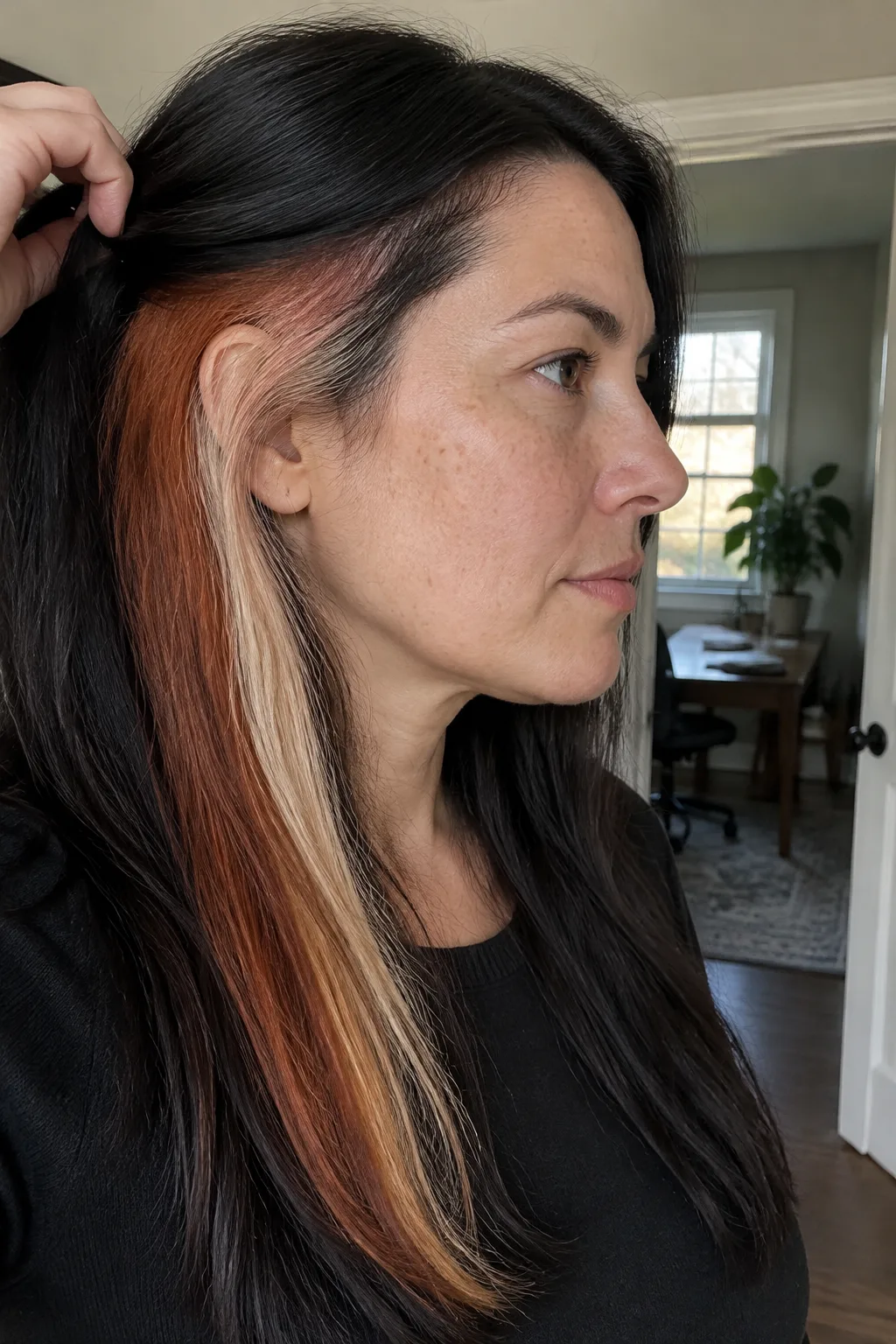 Sleek Straight Calico Peekaboo hair color