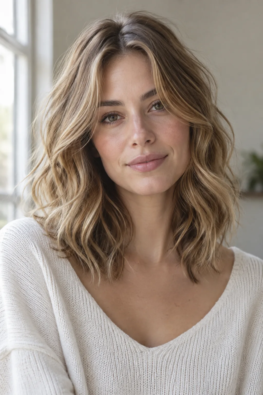 Soft Curtain Bangs on Loose Beach Waves hairstyle
