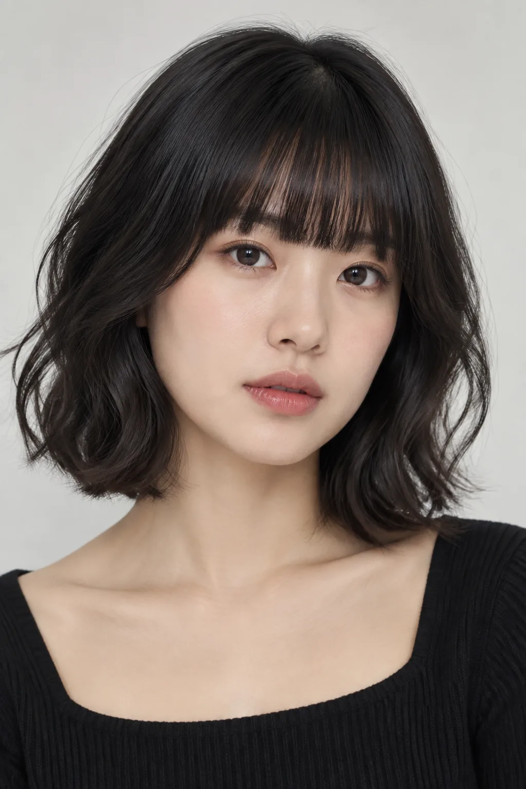 Wavy Lob with Full Blunt Bangs hairstyle