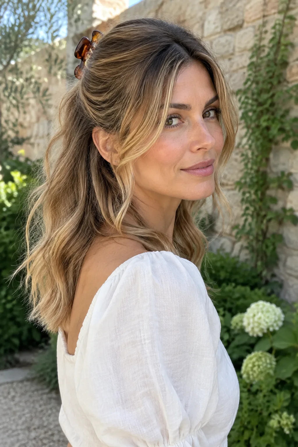 Half-Up Waves with Curtain Bangs hairstyle