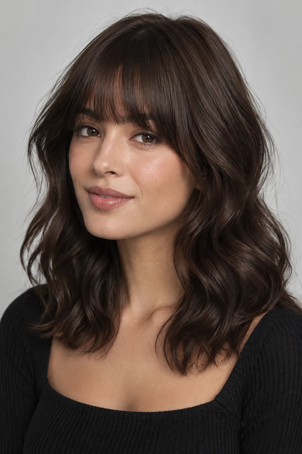 Sleek Blow-Dried Bangs with Wavy Lengths hairstyle